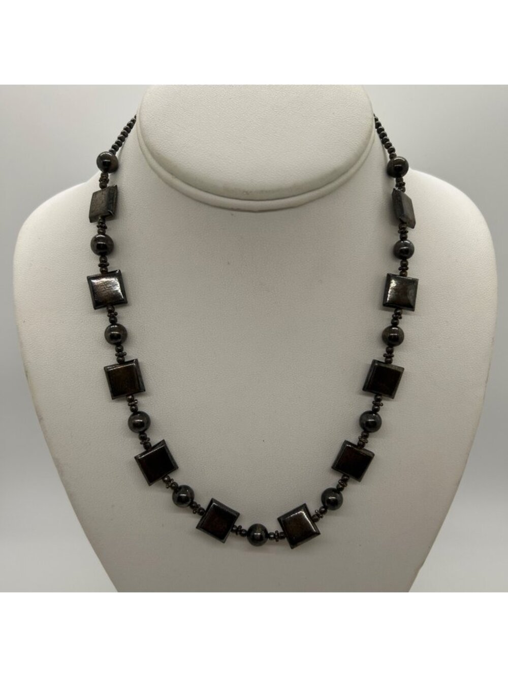 Vintage Art Deco Hematite Beaded Necklace Black Geometric Square & Spherical Met